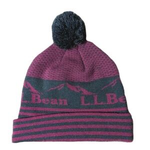 L.L.Bean Adult Knit Winter Beanie Hat Pom‎ Pom Katahdin Plum Navy Blue Striped